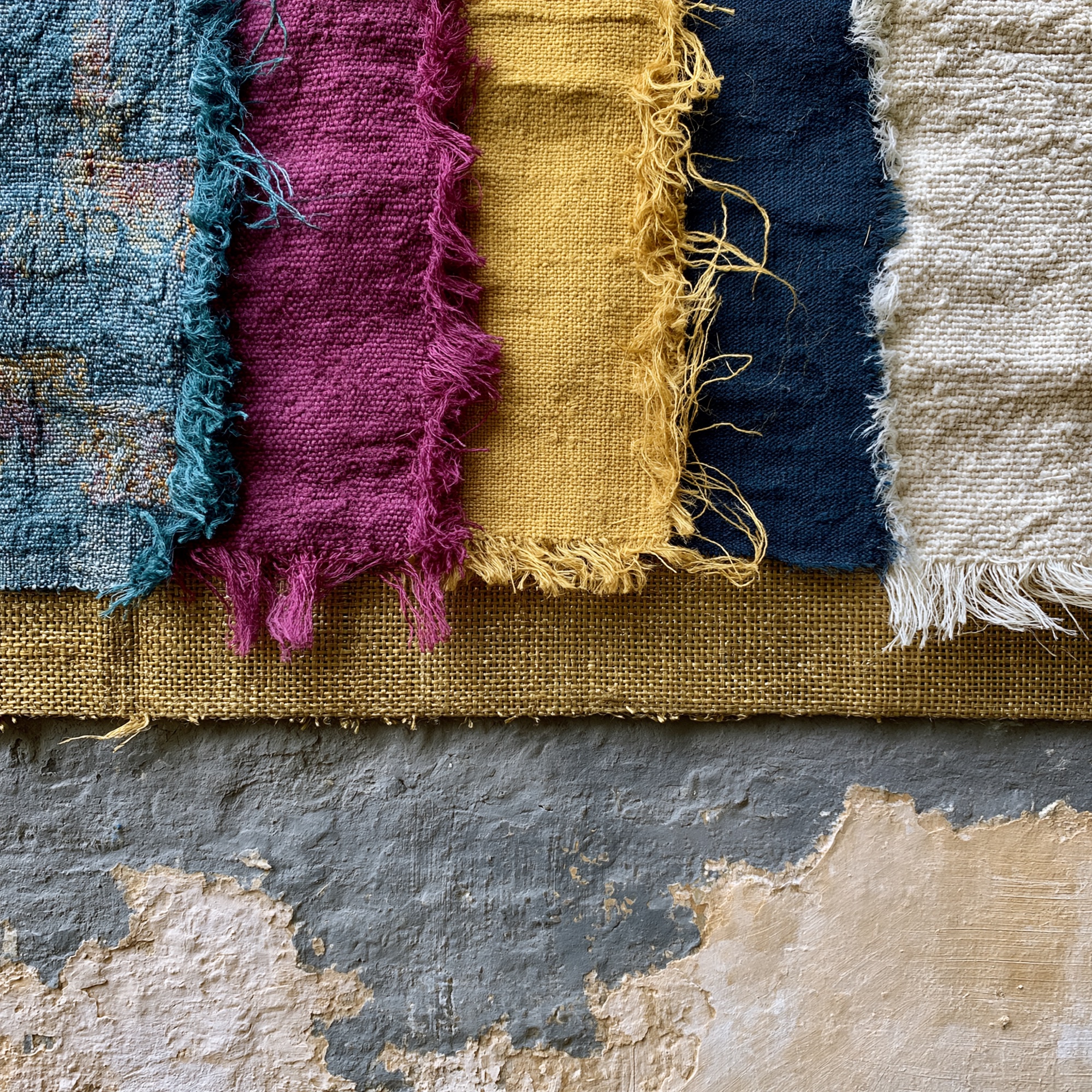 Five fabric swatches — brand palette
