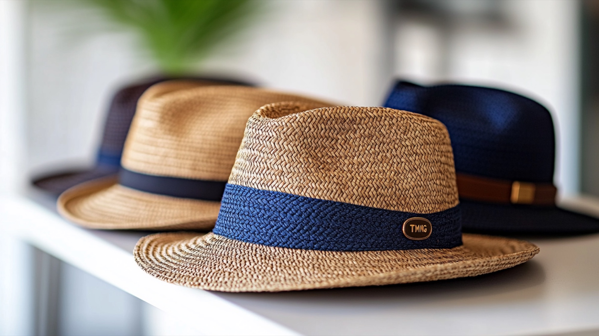 Panama straw fedora — navy band, gold crest